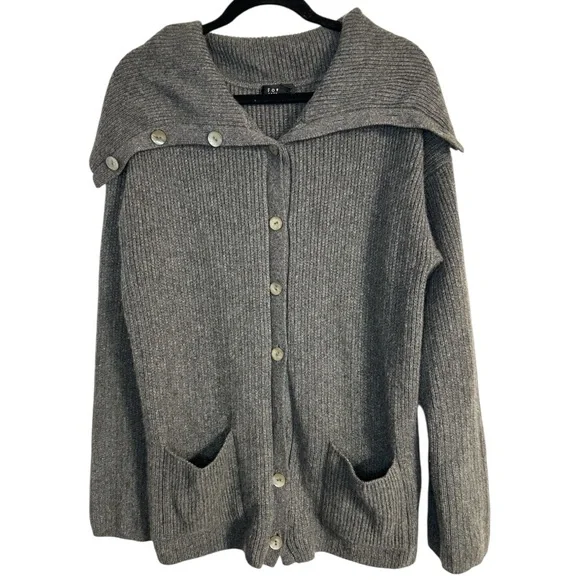 Forte Cashmere 100% Cashmere Gray Wide Lapel Buttoned Cardigan Sweater Lrg Flaw - Picture 1 of 6